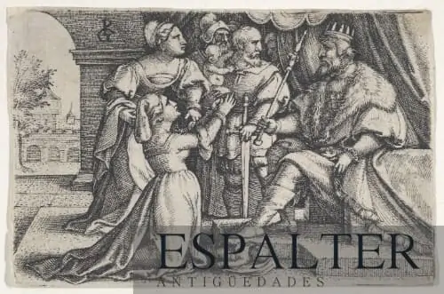 Cuadro representación juicio Salomón siglo XVI, pintura del pasaje bíblico del juicio Salomón antiguo testamento 