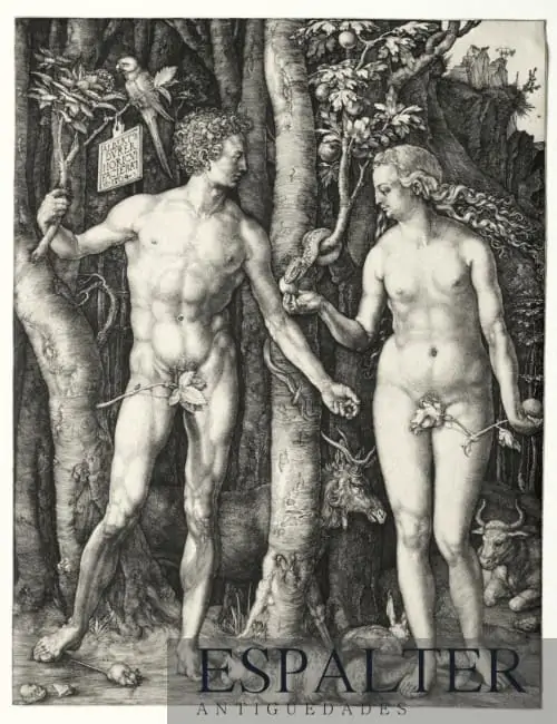 Cuadro bíblico de Adán y Eva en el paraíso siglo XVI
