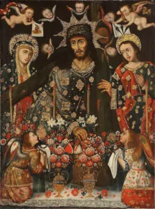 Subastas de pinturas y obras de arte en Madrid cuadro de cristo con ángeles cuzqueño siglo XVIII  Cuadro religioso antiguo que se puede subastar en madrid